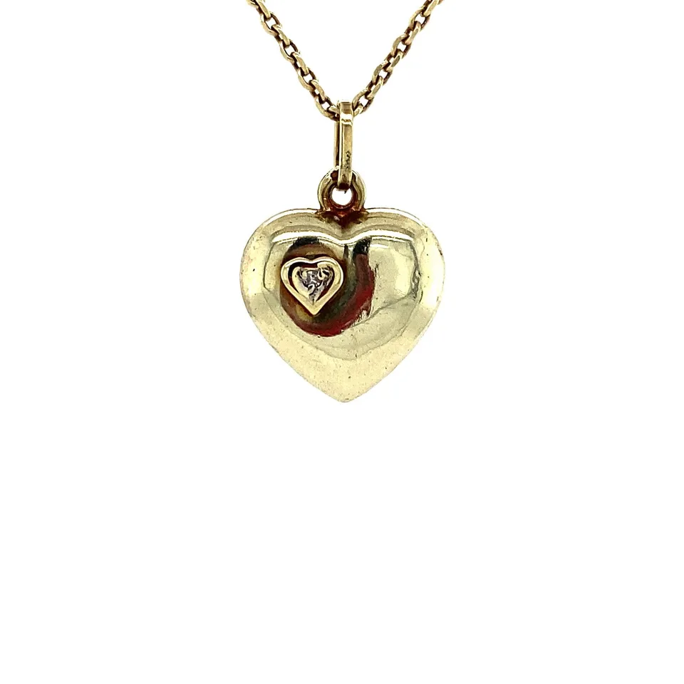 Vintage 14K Gold Pendant Heart with Diamond