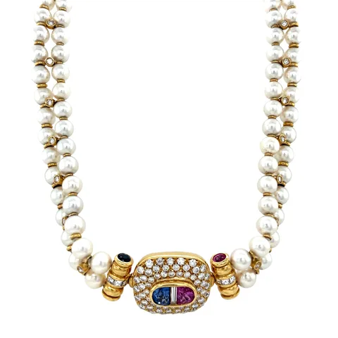 Vintage Pearl Necklace with 18K Gold Clasp with Sapphire and Diamond