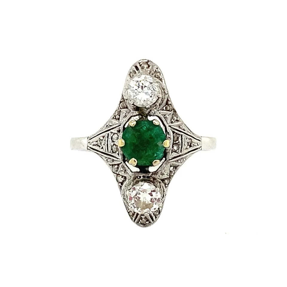 Vintage 18K White Gold Princess Ring with Emerald and Diamond