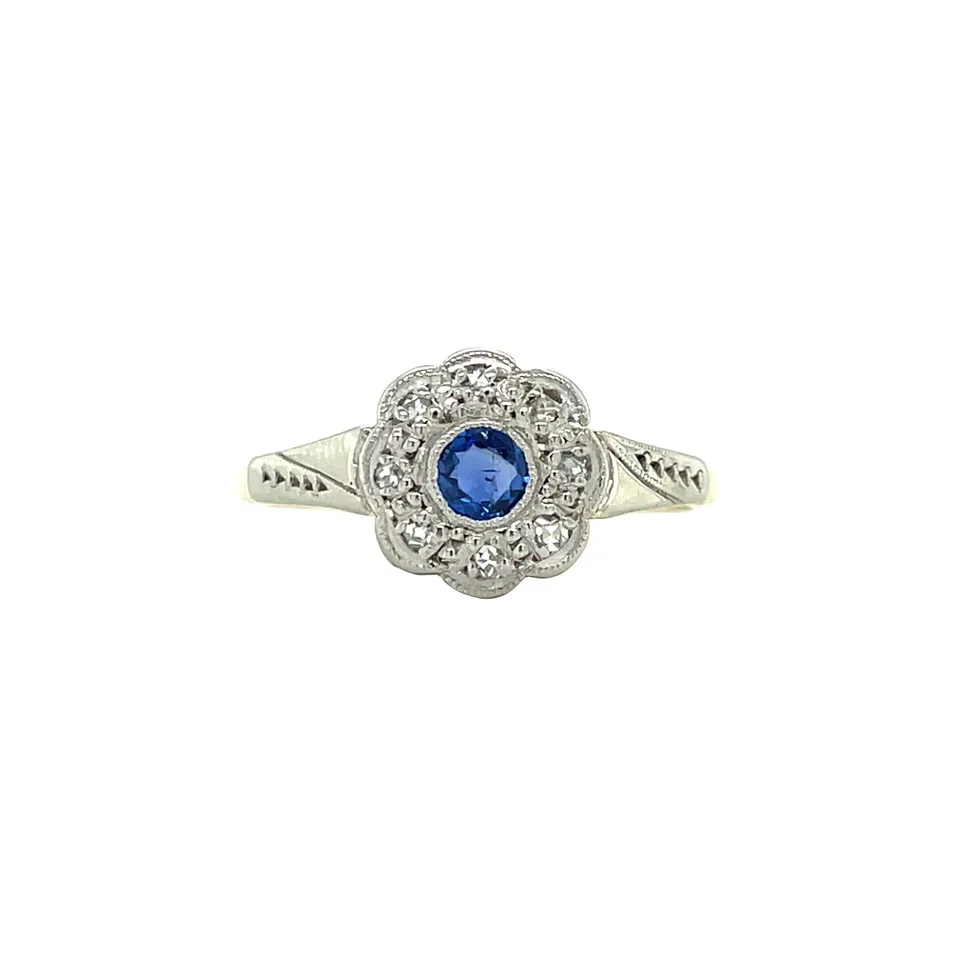 Vintage Cluster 9K Gold Ring with Sapphire and Diamond