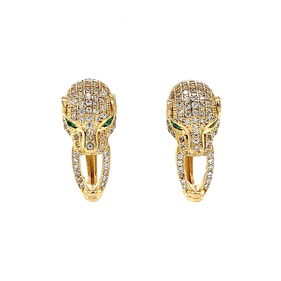 Vintage 14K Gold Panther Hoop Earrings with Cubic Zirconia and Emerald