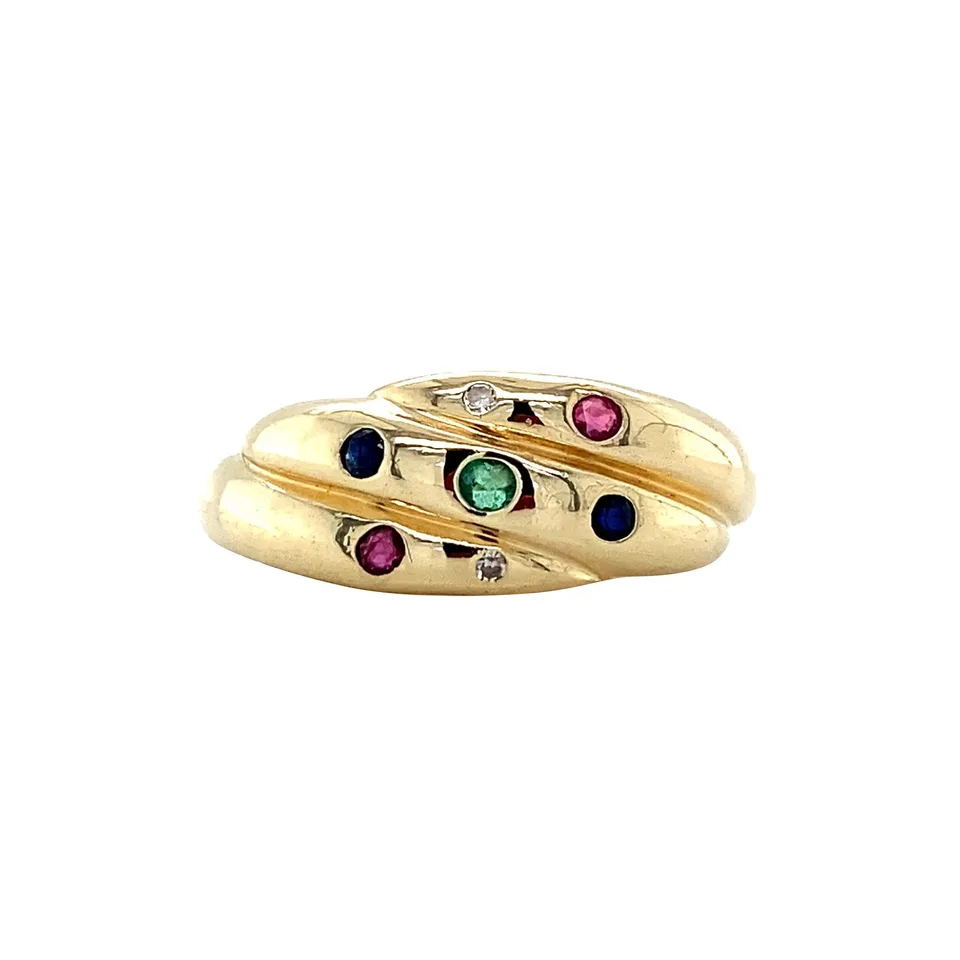 Vintage 14K Gold Ring with Ruby, Emerald, Sapphire and Diamond