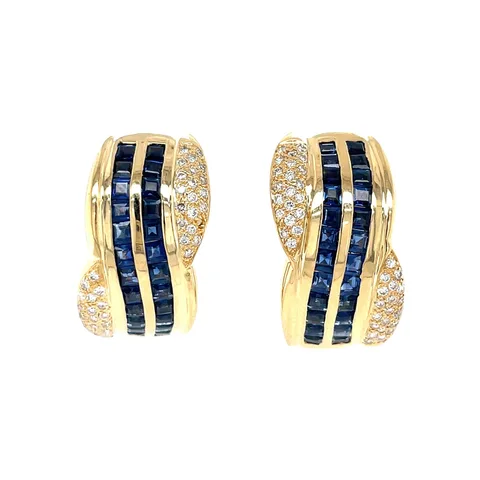 Vintage 18K Gold Stud Earrings with Sapphire and Diamond