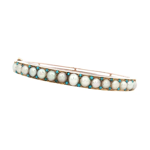Vintage 14K Rose Gold Bangle with Pearl and Turquoise