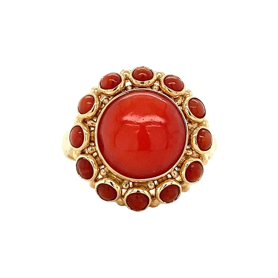 Vintage 14K Gold Cluster Ring with Red Coral