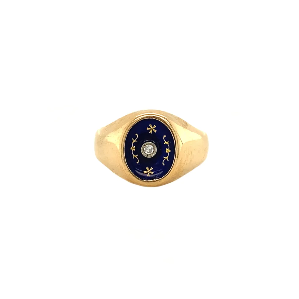Vintage 14K Gold Ring with Diamond and Enamel