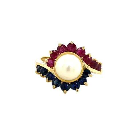 Vintage 14K Gold Ring with Sapphire, Ruby and Pearl