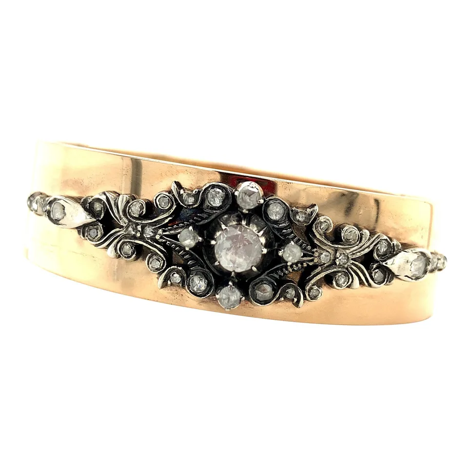 Vintage 14K Gold Bangle with Rose Cut Diamond