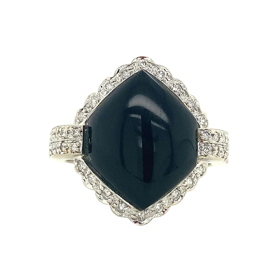 Vintage 14K White Gold Ring with Onyx and Diamond