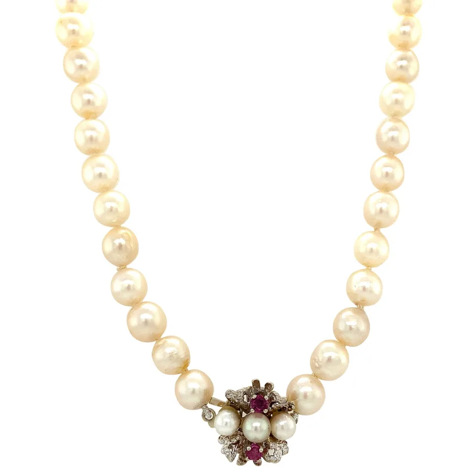 Vintage Pearl Necklace with 14K White Gold Clasp with Ruby