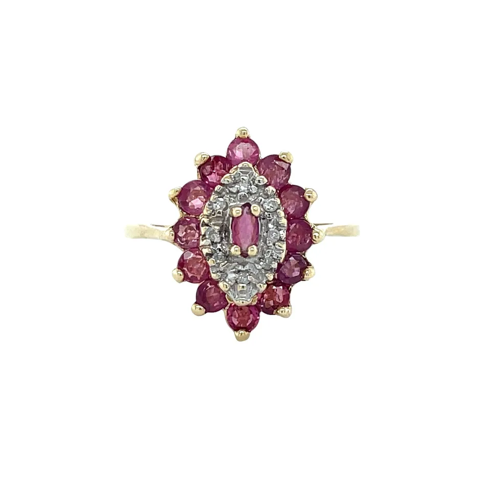 Vintage Cluster 10K Gold Ring with Ruby and Diamond