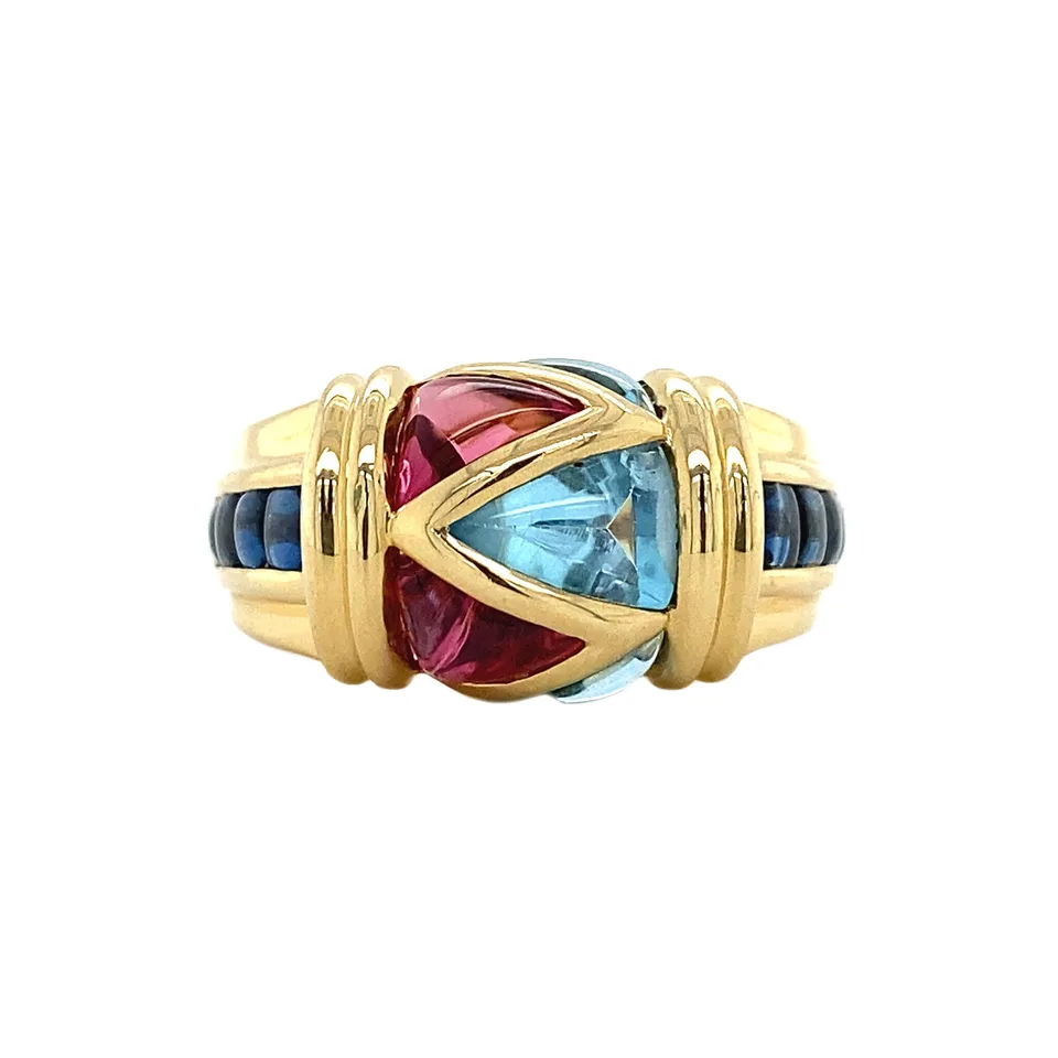 Vintage 18K Gold Ring with Sapphire, Pink and Blue Topaz
