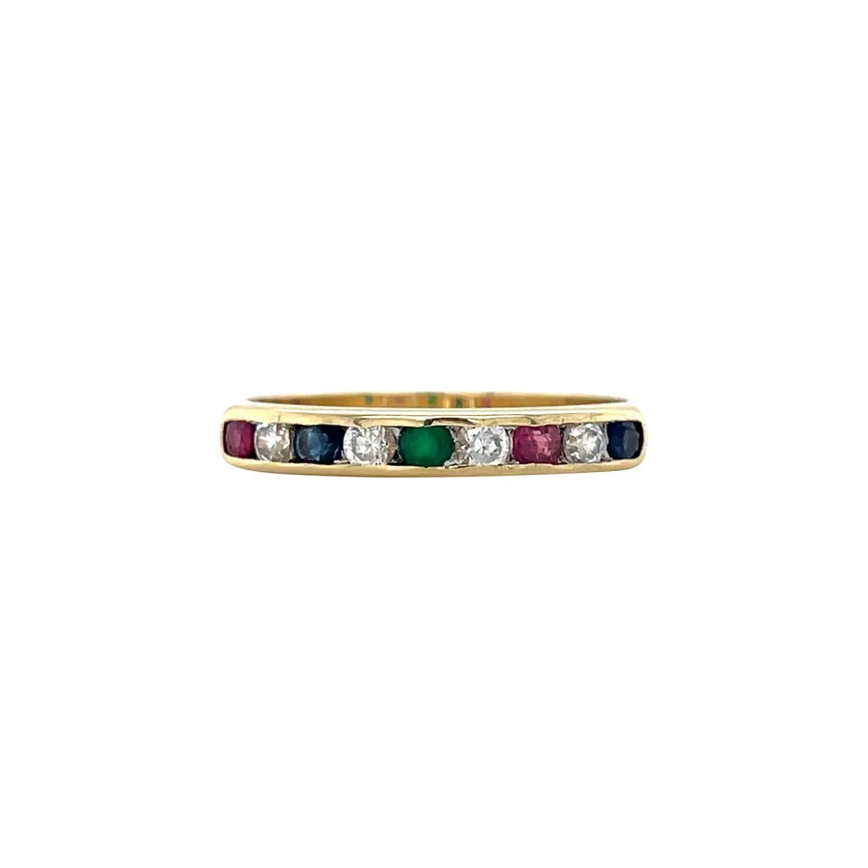 Vintage 14K Gold Half Eternity Ring with Ruby, Sapphire, Agate and Cubic Zirconia