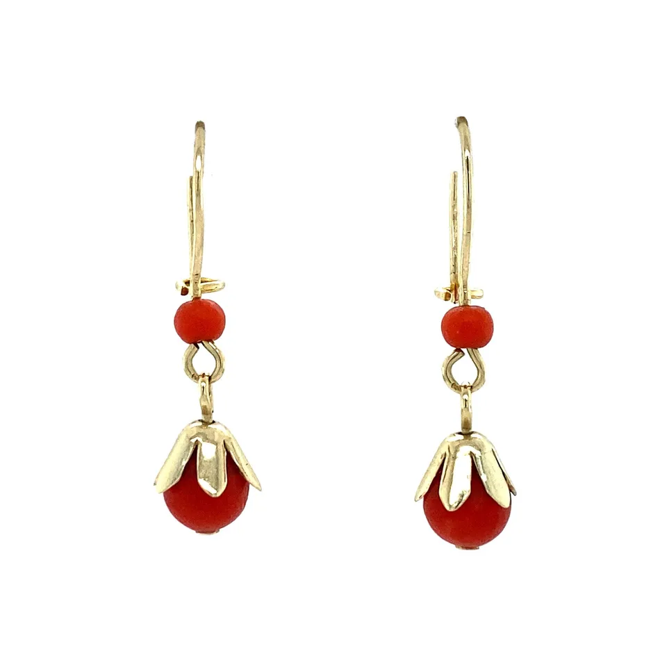 Vintage 14K Gold Drop Earrings with Red Coral