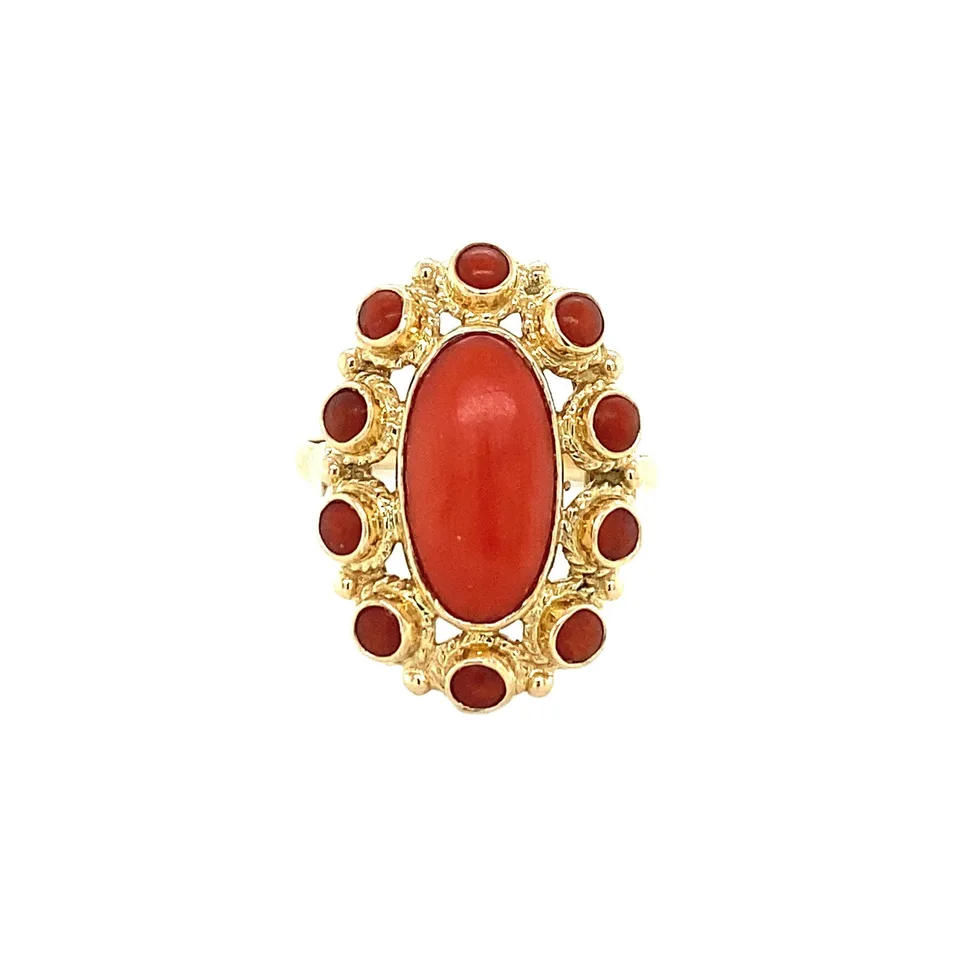 Vintage 14K Gold Cluster Ring with Red Coral