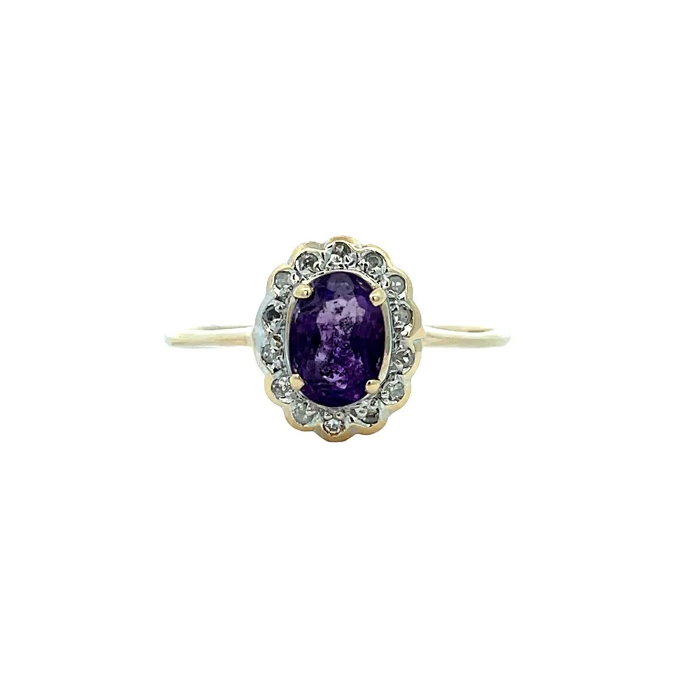 Vintage Cluster 9K Gold Ring with Amethyst and Diamond