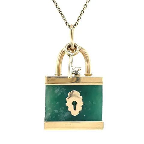 Vintage Lock 12K Gold Pendant with Jade