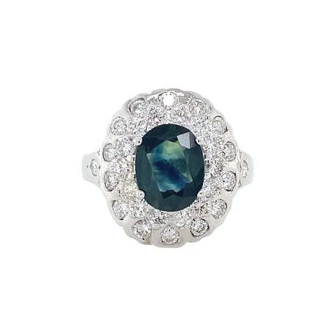 Vintage 18K White Gold Cluster Ring with Sapphire and Diamond