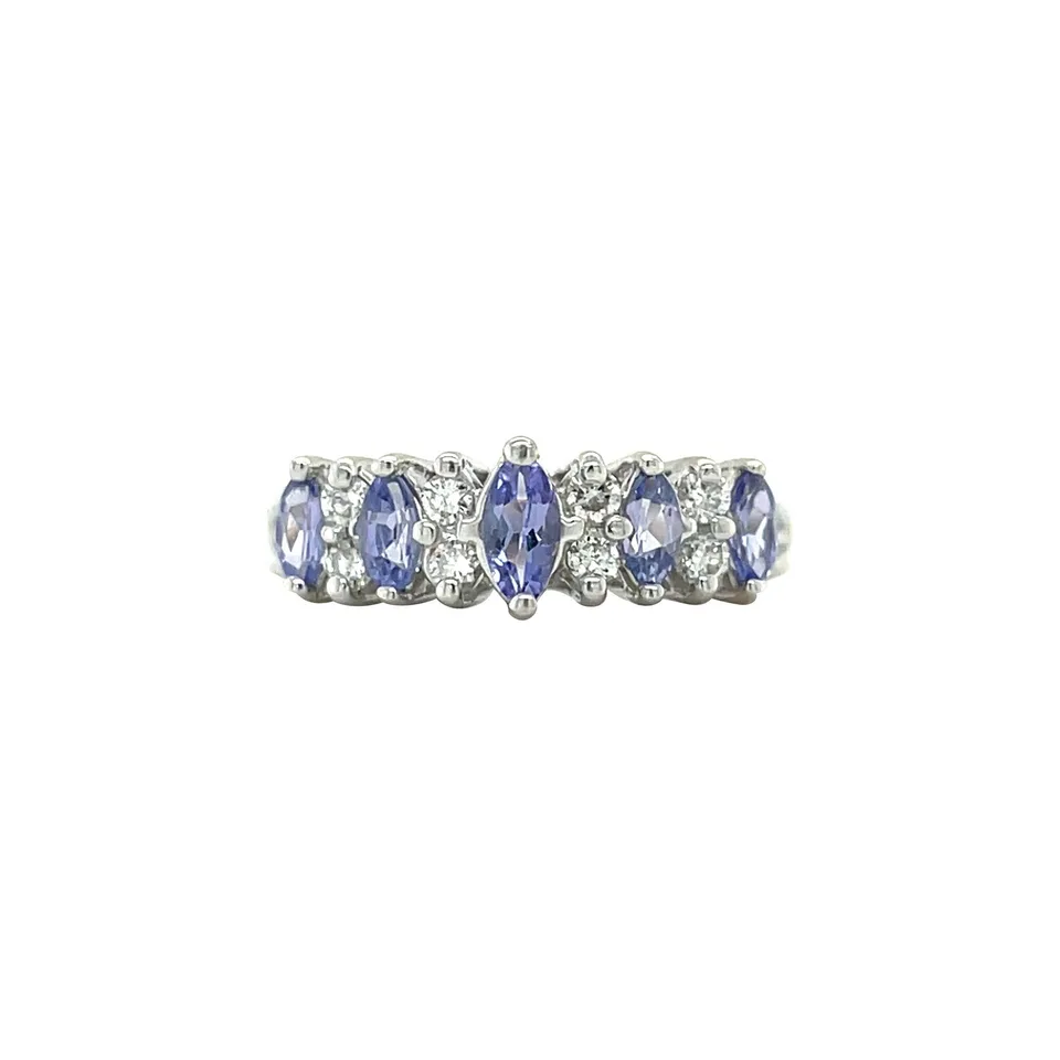 Vintage 14K White Gold Half Eternity Ring with Tanzanite and Diamond