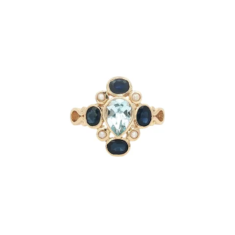 Vintage 14K Gold Ring with Topaz, Sapphire and Pearl