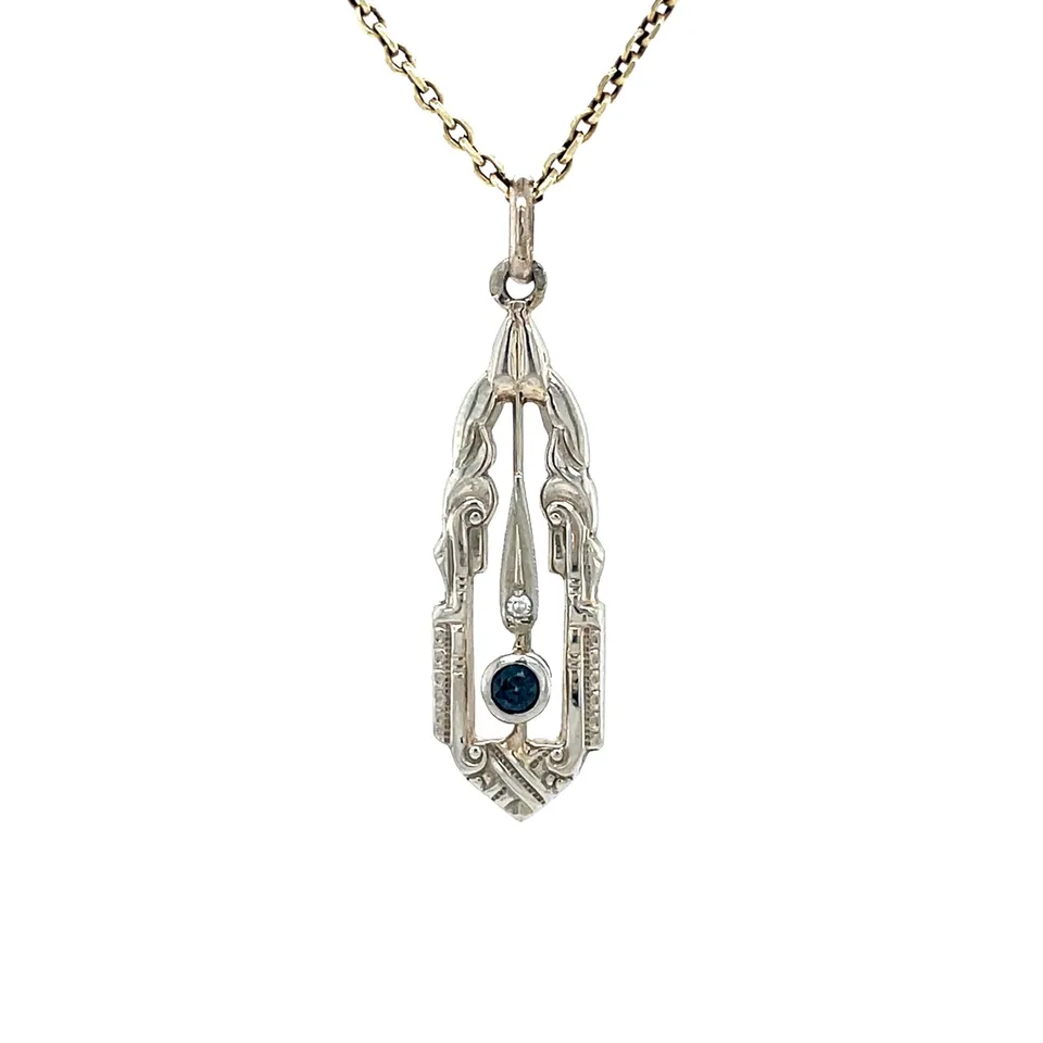 Vintage 14K White Gold Pendant with Sapphire and Diamond