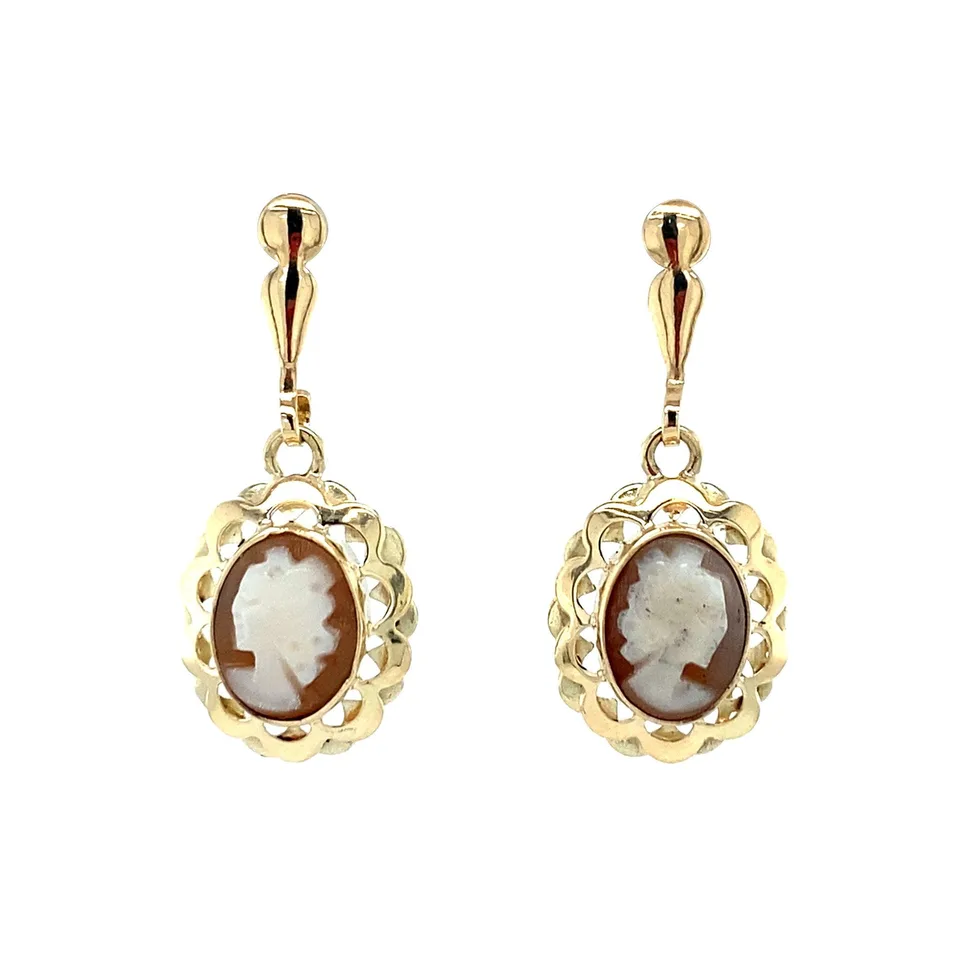 Vintage 14K Gold Drop Earrings with Cameo