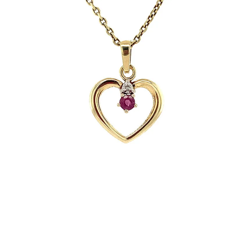 Vintage 14K Gold Pendant Heart with Ruby and Diamond