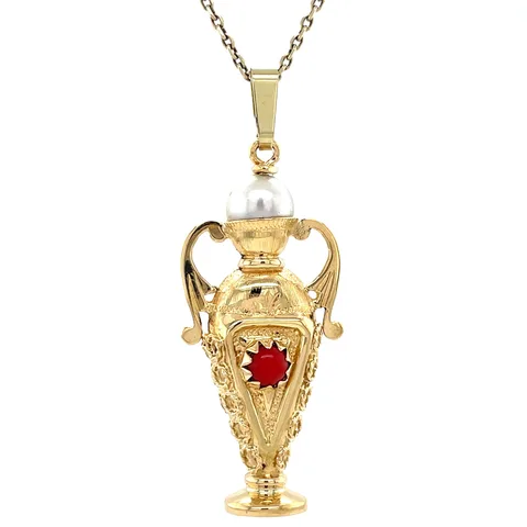 Vintage 14K Gold Pendant with Colored Stone and Pearl