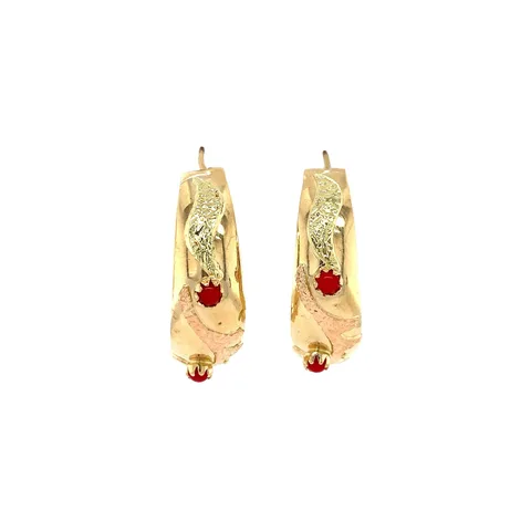 Vintage 14K Gold Hoop Earrings with Red Coral