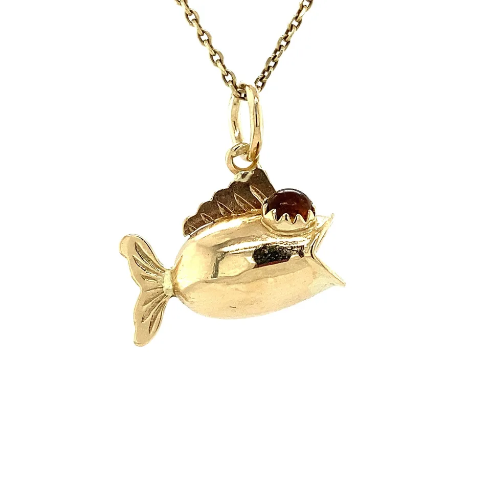 Vintage 14K Gold Pendant Fish with Geel Glass