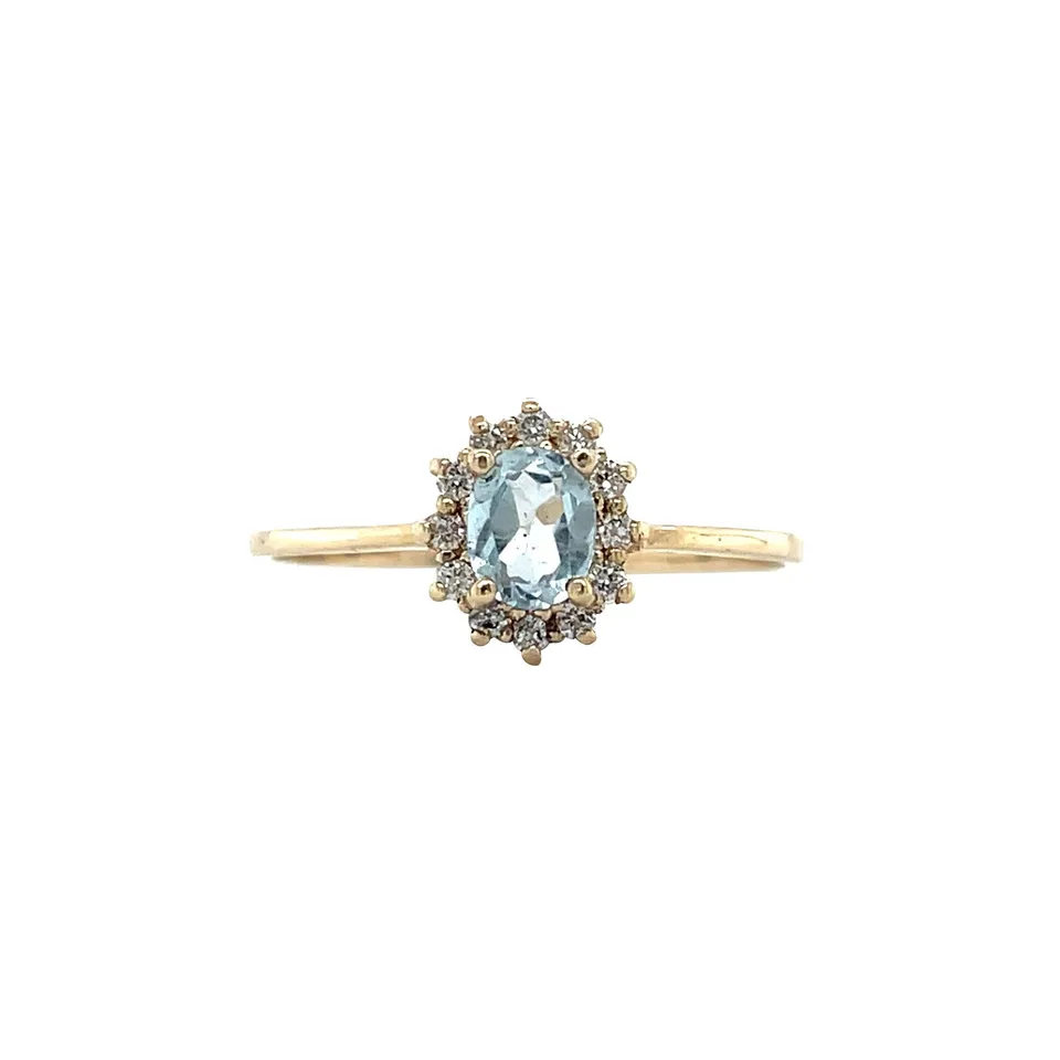 Vintage 14K Gold Cluster Ring with Aquamarine and Diamond