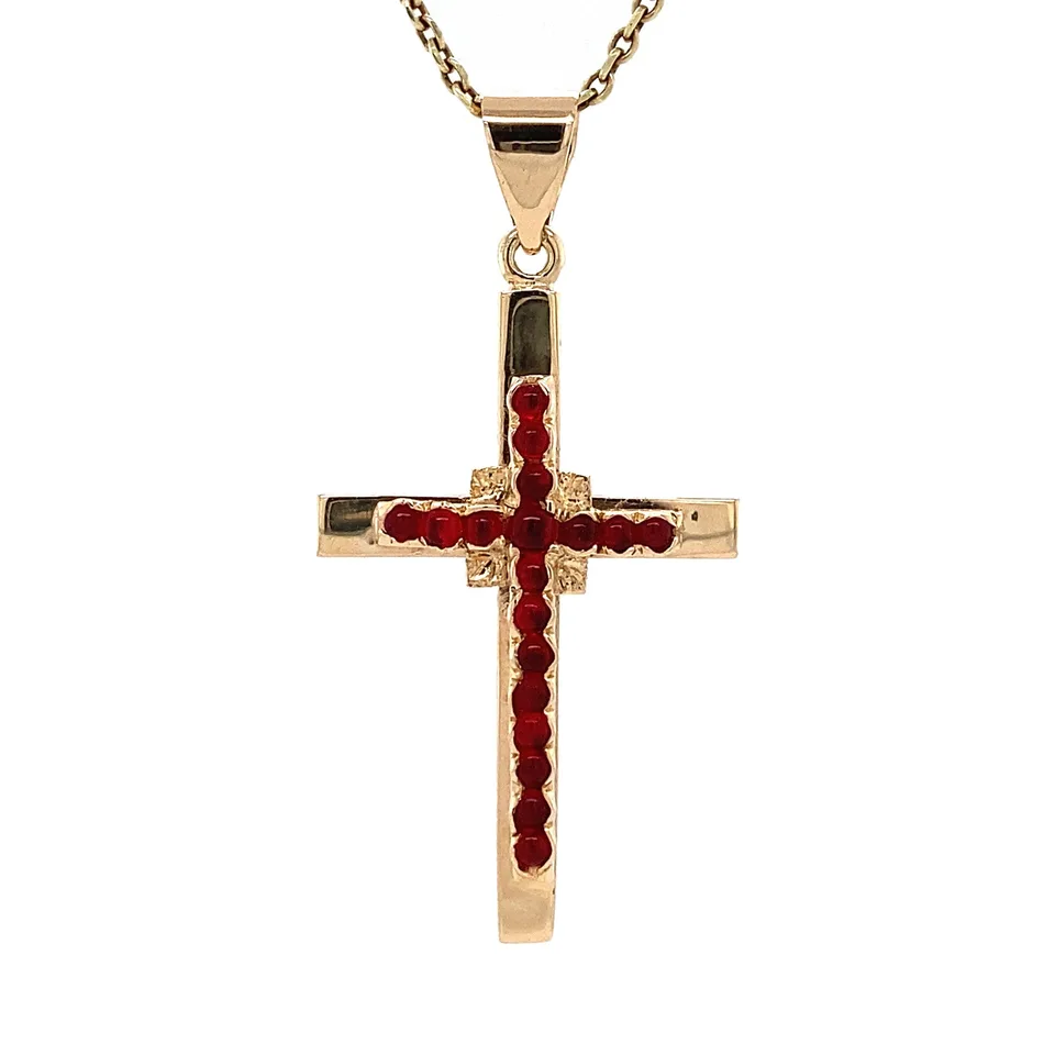 Vintage 14K Gold Cross Pendant with Garnet Doublet