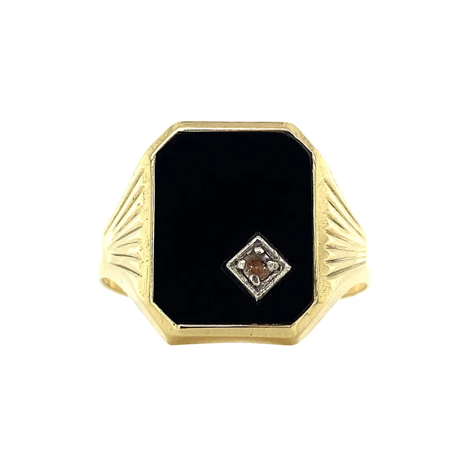 Vintage 14K Gold Signet Ring with Onyx and Cubic Zirconia