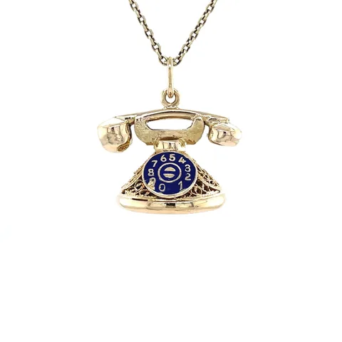 Vintage 14K Gold Telephone Pendant with Enamel