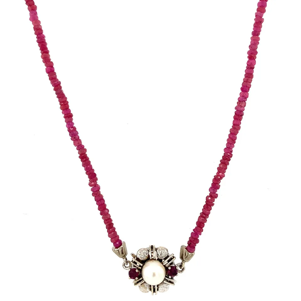 Vintage Ruby Necklace with 14K White Gold Clasp with Pearl and Ruby 41 cm