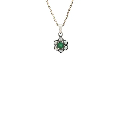 Vintage Sterling Silver Pendant with Emerald and Pearl