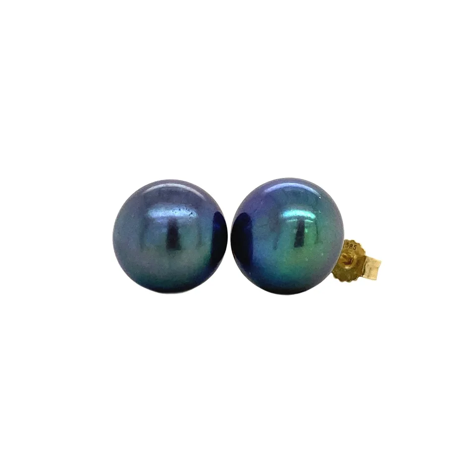 Vintage 14K Gold Stud Earrings with Black Pearl