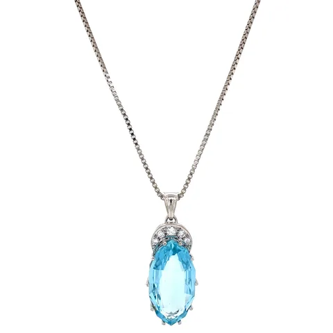 Vintage 14K White Gold Venetian Necklace with Pendant with Aquamarine and Diamond