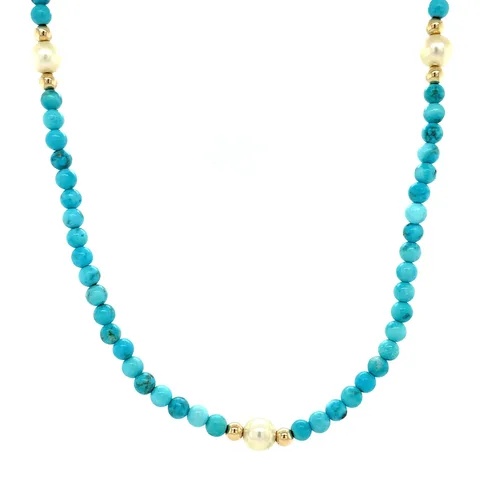 Vintage Turquoise Rope with Pearl 14K Gold Necklace