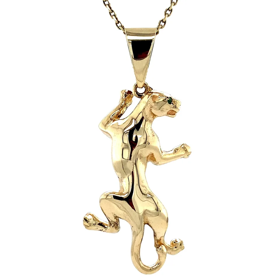 Vintage 14K Gold Panther Pendant with Colored Stone