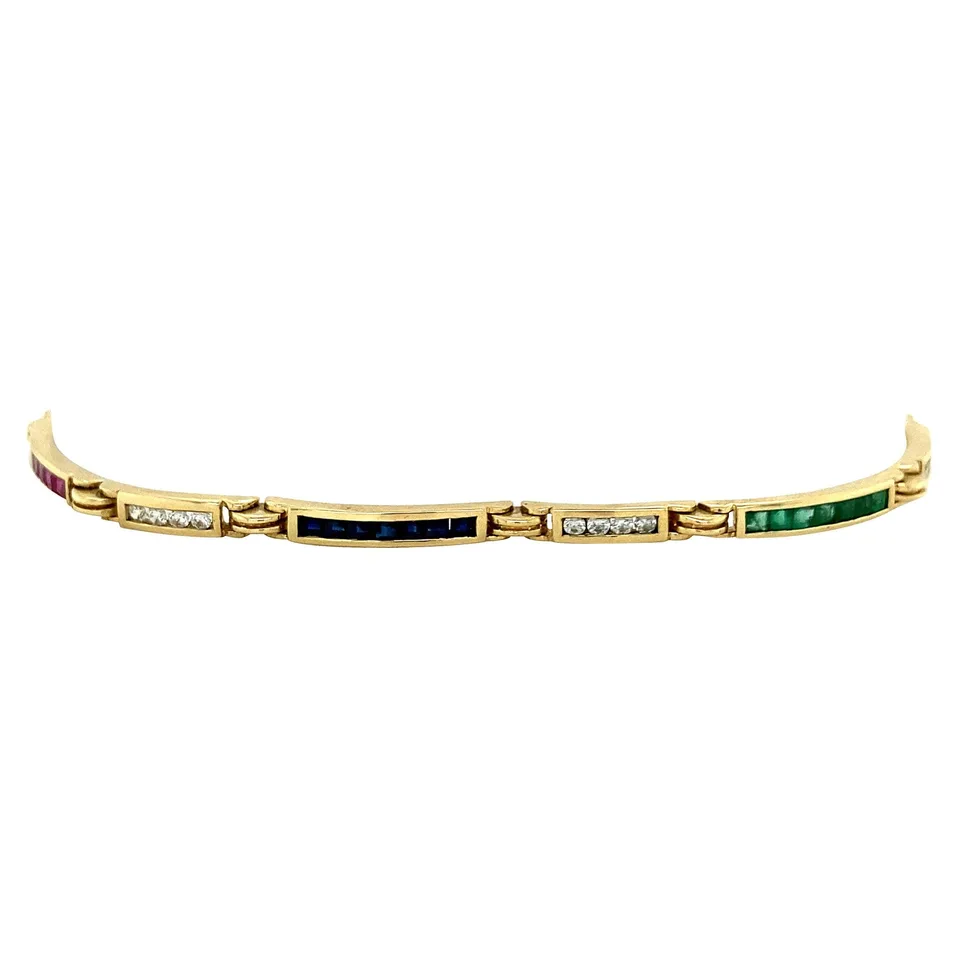 Vintage 14K Gold Bracelet with Sapphire, Emerald, Ruby and Cubic Zirconia 18 cm