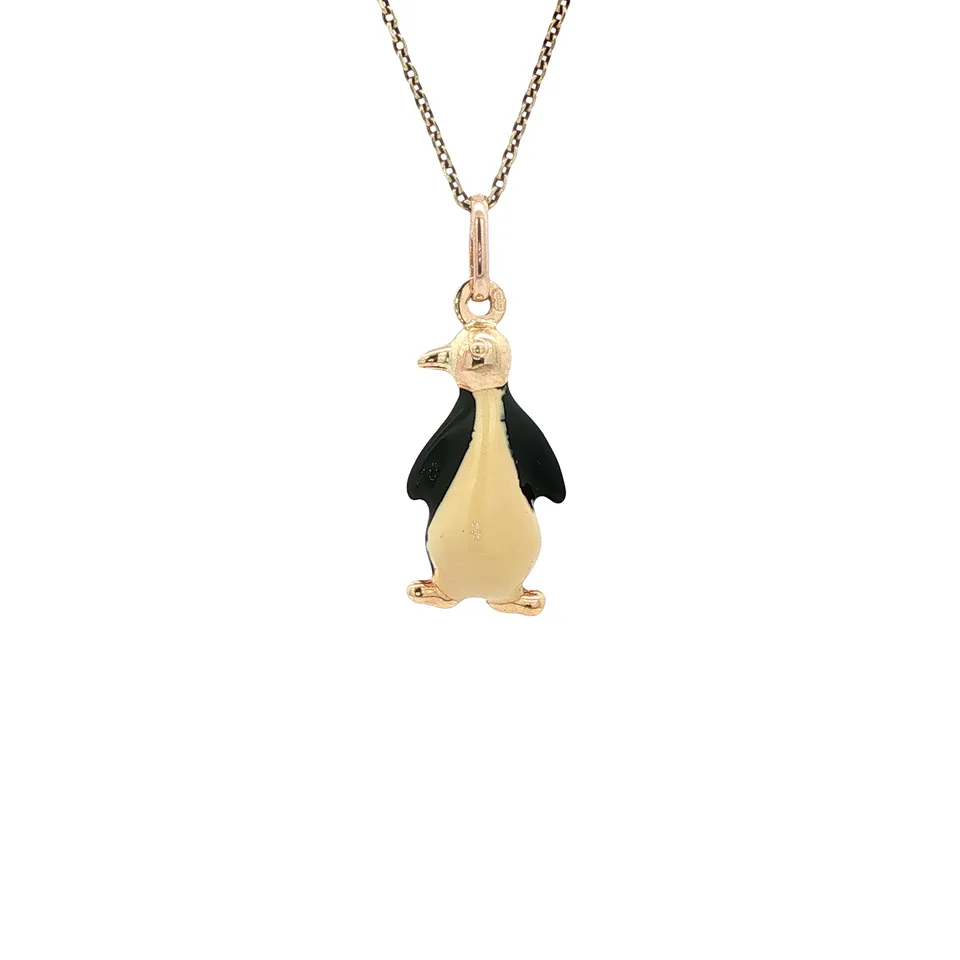 Vintage Pinguïn 9K Gold Pendant with Enamel