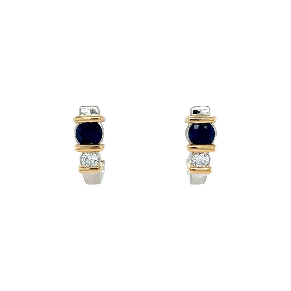 Vintage 14K Two Tone Gold Stud Earrings with Sapphire and Diamond