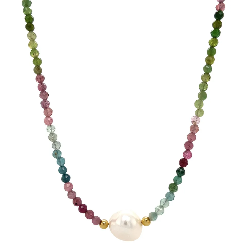 Vintage Tourmaline Necklace with Pearl and 14K Gold Details 38.5 cm