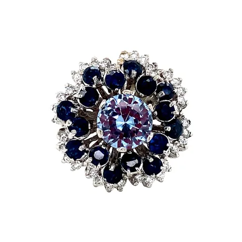 Vintage 18K White Gold Cluster Ring with Spinel, Sapphire and Diamond