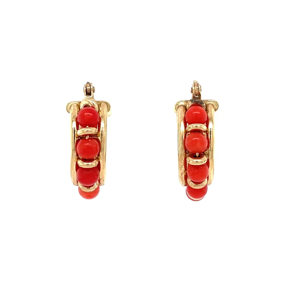 Vintage 14K Gold Hoop Earrings with Red Coral