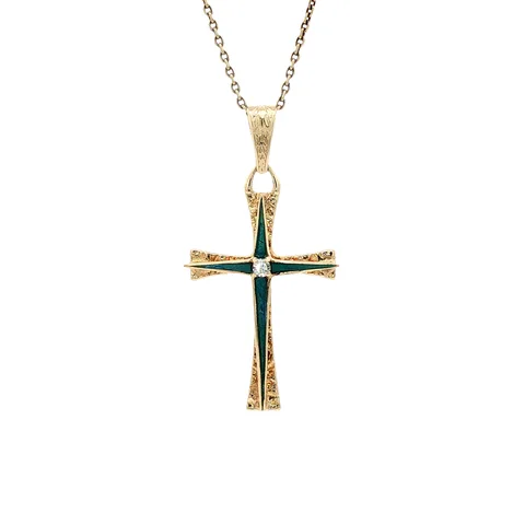 Vintage 14K Gold Cross Pendant with Enamel and Spinel