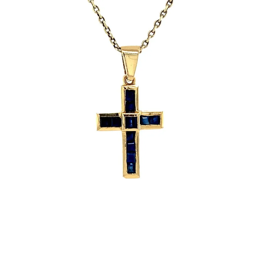 Vintage 18K Gold Cross Pendant with Sapphire