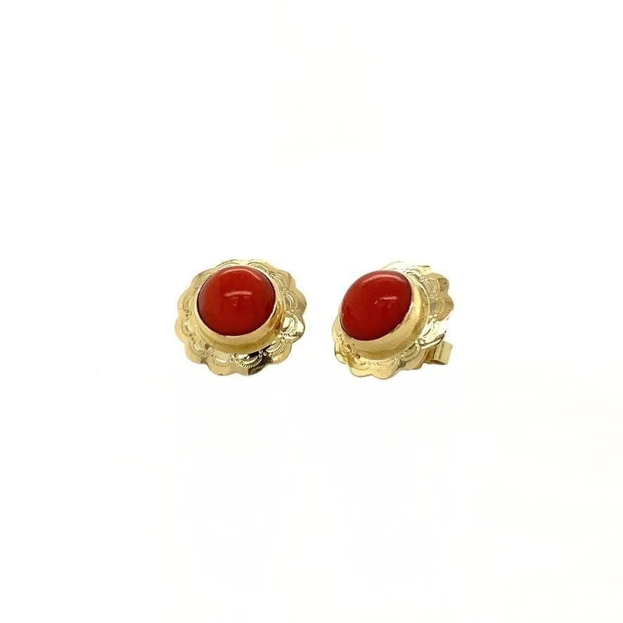 Vintage 14K Gold Stud Earrings with Red Coral