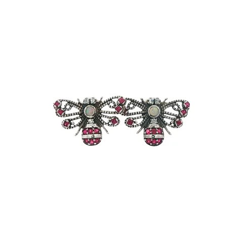 Vintage Sterling Silver Stud Earrings with Opal, Ruby and Sapphire